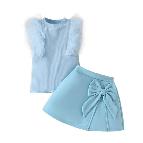 Gyexs Little Girls Cute Summer Clothes Size 2T-4T Sleeveless Ribbed Tops Bowknot Skirts 2 PC Outfit Sets Kids Clothing(Toddlers, 9M 6-9 Months, Blue)