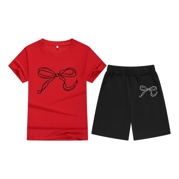 Gyexs Little Girls Workout Clothes Size 7-8 Fashion Bowknot Prints Round Neck Short Sleeve Shirts Shorts 2 Piece Set Summer Outfits Red 6-7 Years