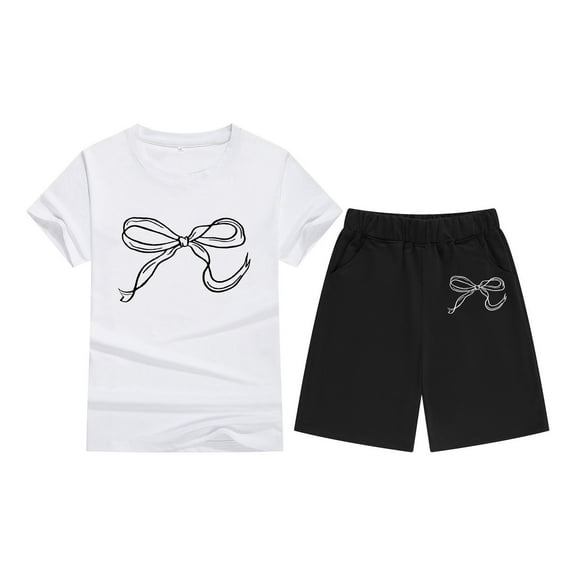 Gyexs Little Girls Workout Clothes Size 7-8 Fashion Bowknot Prints Round Neck Short Sleeve Shirts Shorts 2 Piece Set Summer Outfits WH1 8-9 Years