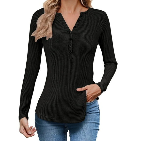 Gyexs Long Sleeve Henley Shirts for Women Casual Fashion Button Up Ribbed Knit Slim Fit Sweater Fall Winter Thermal Tops Black, Size XL