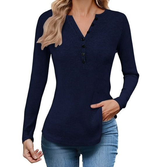 Gyexs Long Sleeve Henley Shirts for Women Casual Fashion Button Up Ribbed Knit Slim Fit Sweater Fall Winter Thermal Tops Blue, Size XL