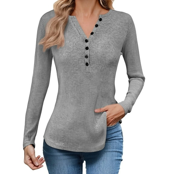 Gyexs Long Sleeve Henley Shirts for Women Casual Fashion Button Up Ribbed Knit Slim Fit Sweater Fall Winter Thermal Tops Grey, Size L