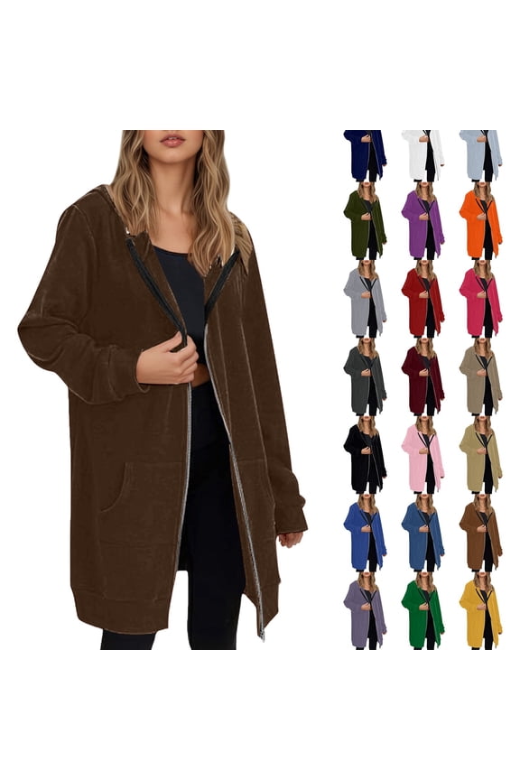 Long Sleeve Hoodies for Women Mid Length Solid Fleece Sweater Lightweight Zip Up Sweatshirts with Pockets, Black, Size L