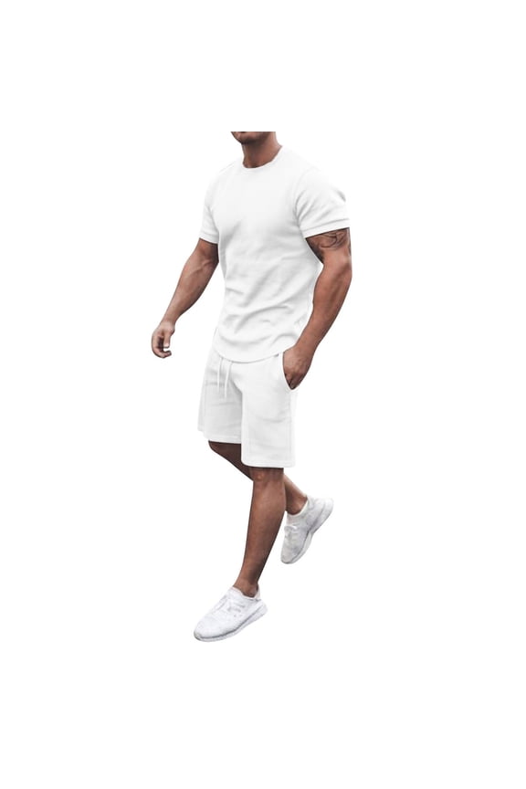 Men's Shirt and Shorts Set 2 Piece Outfits Fashion Summer Tracksuits Casual Sportwear Set Athletic Jogging Sets White, Size L