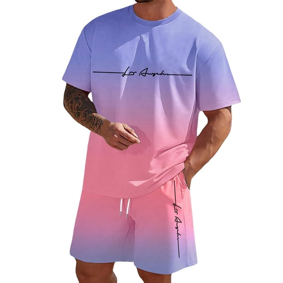 Gyexs Men's Short Sets 2 Piece Outfits Tropical Graphic Tees and Shorts Sets Summer Beach Holiday Outfit Set Clothes Purple, Size S