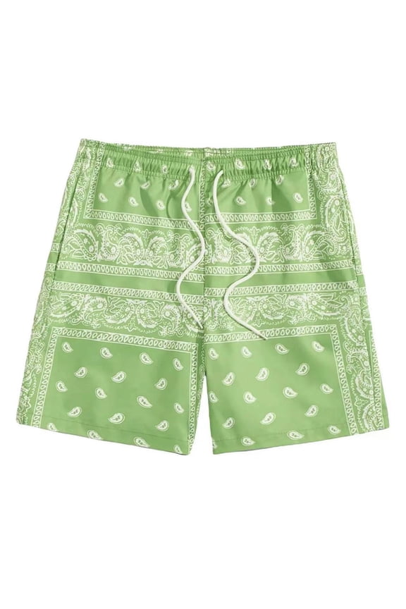 Mens Boho Shorts Casuanl Summer Holiday Beach Swim Trunks Drawstring Waist Cool Graphic Shorts Men's Fashion #02 Green, Size XL