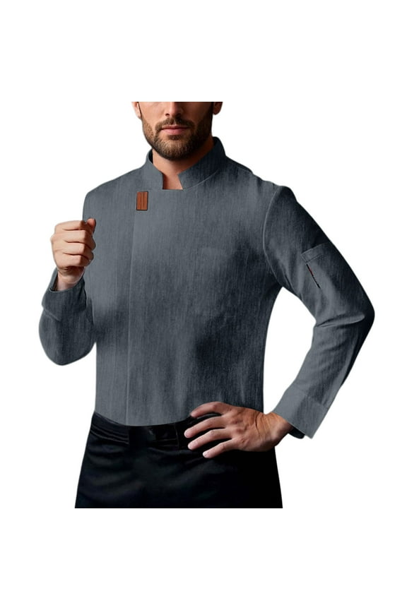 Mens Chef Coat Uniform Long Sleeve Cook Jacket Restaurant Kitchen Work Lightweight Breathable Clothes Grey, Size L