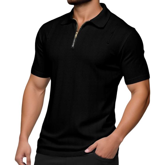 Gyexs Mens Cotton Polo Shirt Short Sleeve Slim Fit Textured Golf Polo Shirt Soft Stretchy Casual Workout Golf Tee Pullover Tops Black, Size M