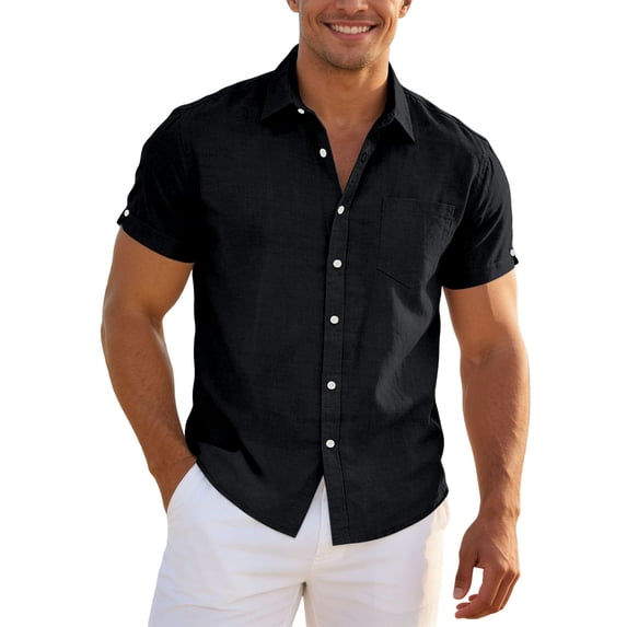 Gyexs Mens Linen Button Down Shirts Casual Short Sleeve Lapel Collar Summer Beach Tops Tropical Holiday Clothing Black, Size M