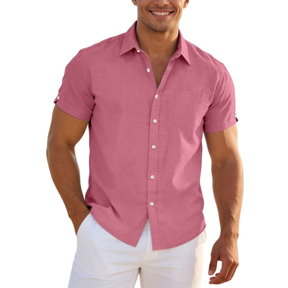 Gyexs Mens Linen Button Down Shirts Casual Short Sleeve Lapel Collar Summer Beach Tops Tropical Holiday Clothing Pink, Size XXXL