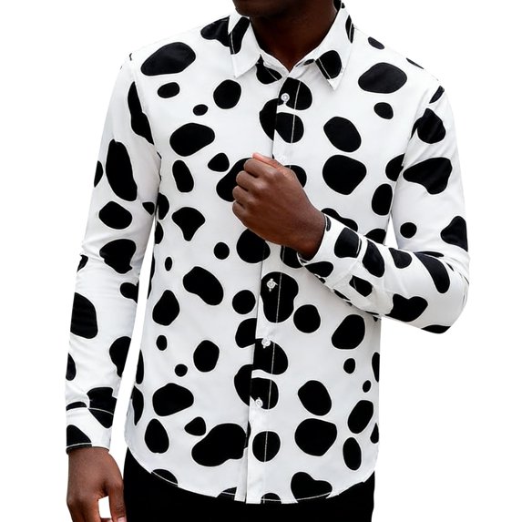 Gyexs Mens Long Sleeve Tee Shirts Casual Animal Print Cow Leopard Novelty Button Down Dress Shirt Regular Fit Fashion Clothing White, Size S