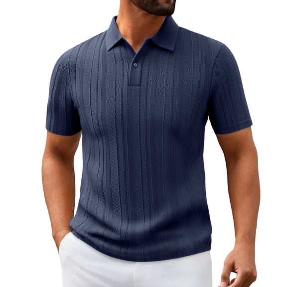 Gyexs Mens Ribbed Polo Shirts Short Sleeve V Neck Knit Shirts for Men Soft Stretchy Casual Workout Golf Tee Summer Clothes Blue, Size M