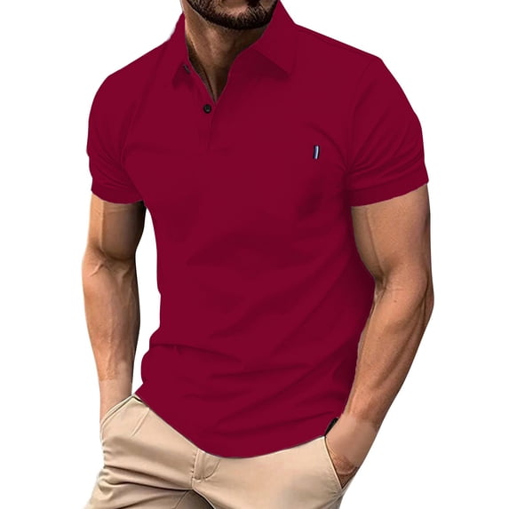 Gyexs Mens Ribbed Polo Shirts V Neck Short Sleeve Textured Polo Shirts Casual Summer Holiday T-Shirts Summer Clothes Red, Size S