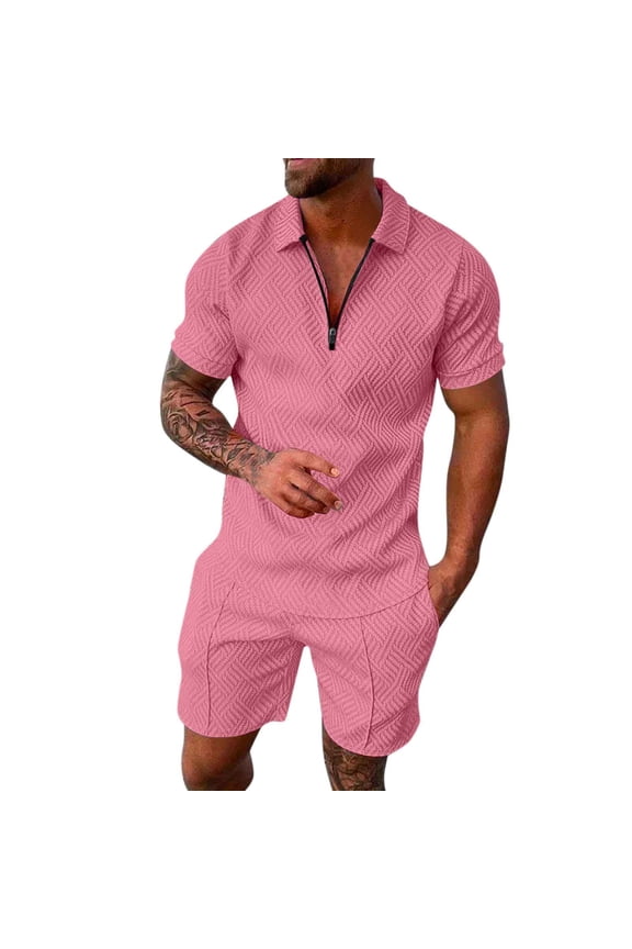 Mens Short Sets 2 Piece Outfits Casual Short Sleeve Matching Polo Shirts and Shorts Set Tracksuits Summer Fashion Pink, Size XXXL