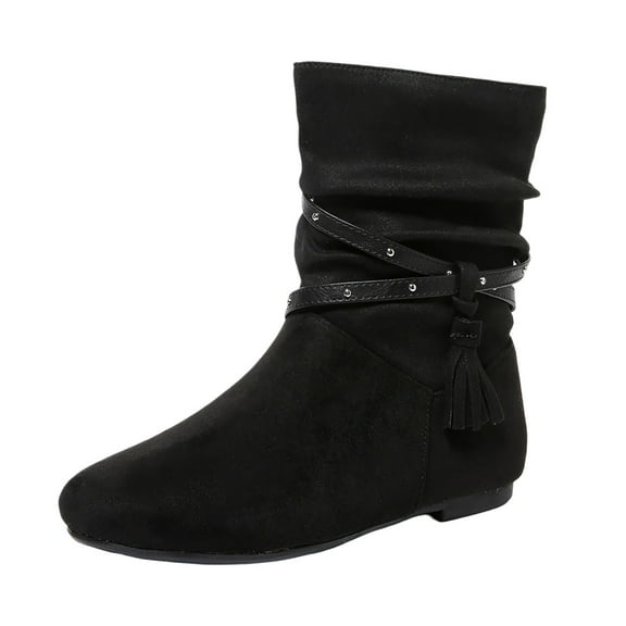 Gyexs Mid Calf Boots for Women Wrinkled Side Zipper Fringe Round Toe Flat Retro Flat Booties Comfortable Walking Shoes Black Size 7