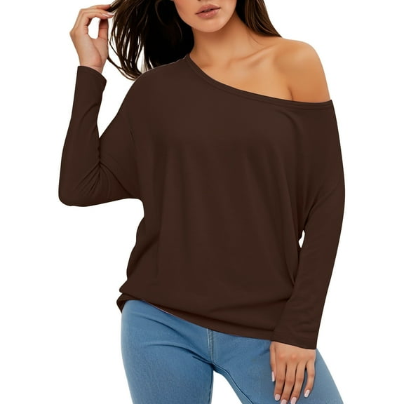 Gyexs Off The Shoulder Tops for Women Long Sleeve Sweatshirt Casual Loose Fit Going Out Tops 2025 Casual Basic Tees Coffee, Size M