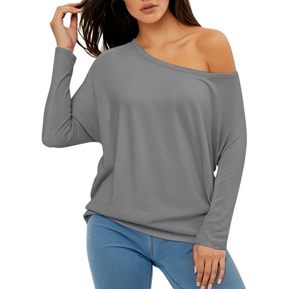 Gyexs Off The Shoulder Tops for Women Long Sleeve Sweatshirt Casual Loose Fit Going Out Tops 2025 Casual Basic Tees Grey, Size M