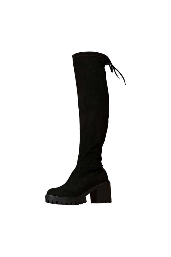 Over The Knee Boots for Women Platform Thigh High Pull on Booties Heel Round Toe Long Boots Fall Winter Shoes #03 Black & Size 7