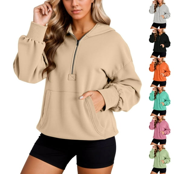 Gyexs Oversized Sweatshirt for Women Half Zip Pullover Cropped Comfort Loose Fit Long Sleeve Quarter Zip Casual Hoodies, Orange, Size L