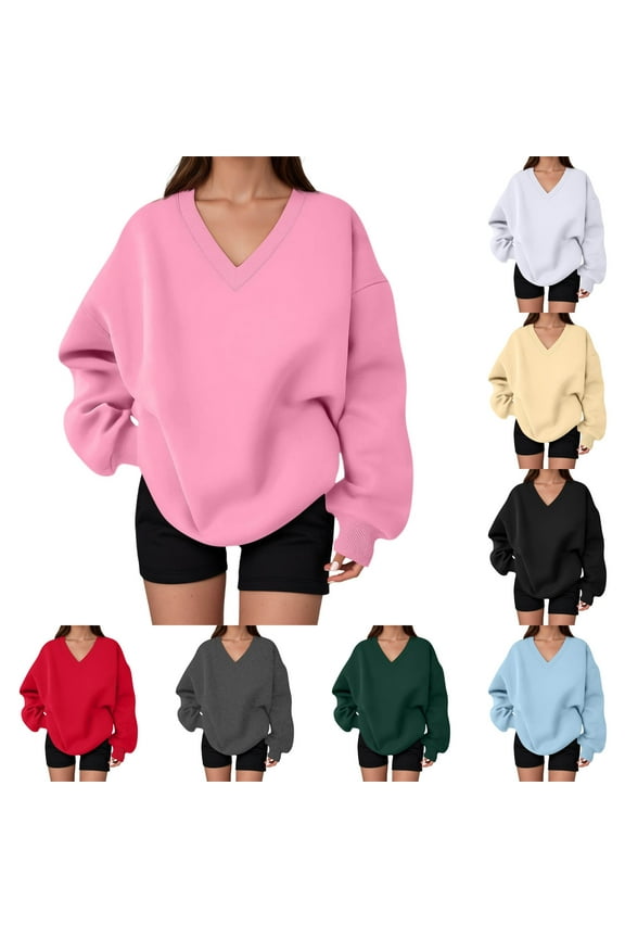 Oversized Sweatshirt for Women Plus Size V Neck Long Sleeve Drop Shoulder Pullover Hoodies Trendy Winter Clothes, Beige, Size L