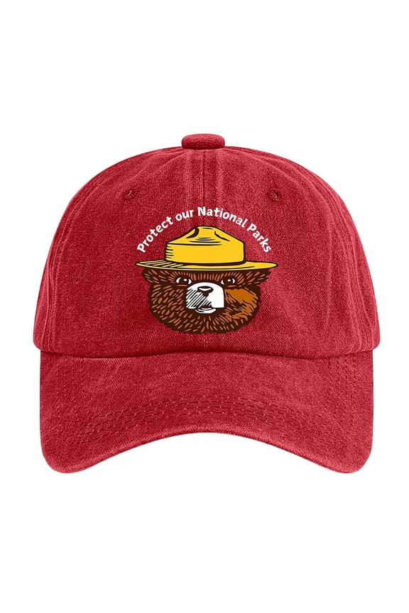 Protecting Our National Parks Print Hat Vintage Washed Cotton Graphic Resist Bear Baseball Caps Unisex #Red