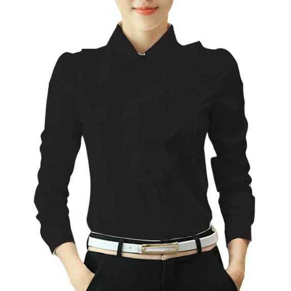 Gyexs Ruffle Front Blouses for Women Long Sleeve Casual Work Shirt Chiffon Blouse Basic Tops Fall Clothes Black, Size XXXXXL