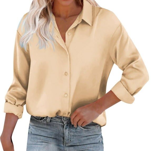 Gyexs Satin Blouses for Women Long Sleeve Button Down Silk Shirts Business Casual Loose Workwear Tunic Tops Beige, Size M