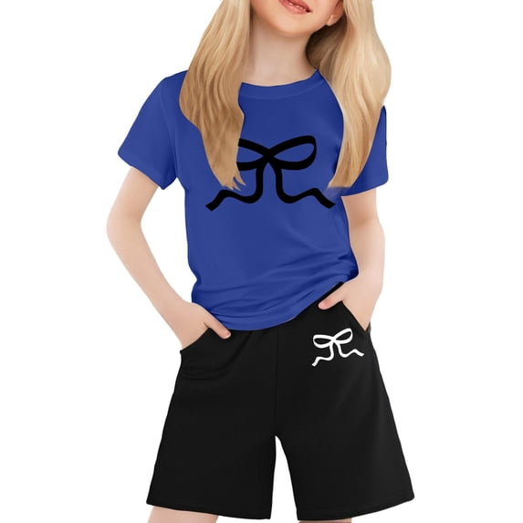 Gyexs Short Sets for Girls Size 10-11 Fashion Cool Bowknot Printed Design Oversized Pullover Tops Shorts 2 Piece Outfits Spring Summer Clothes A01-BU2 10-11 Years