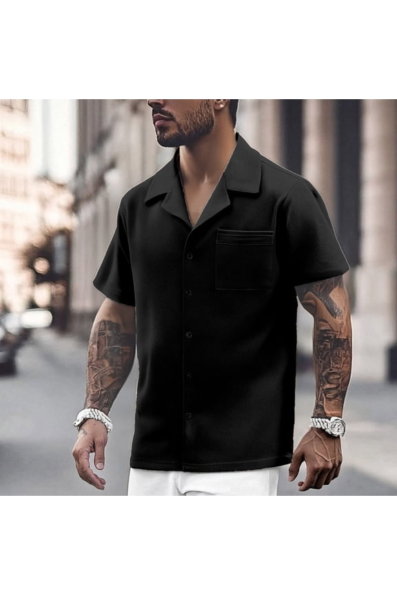 Short Sleeve Shirts for Men Button Down Black Breathable Linen Shirts Textured Athletic T-Shirt Activewear Birthday Gifts for Men, Size L