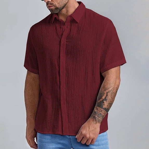 Gyexs Short Sleeve Shirts for Men Button Down Red Casual Linen Shirts Textured Athletic Tees Shirt Summer Men's Clothing, Size S