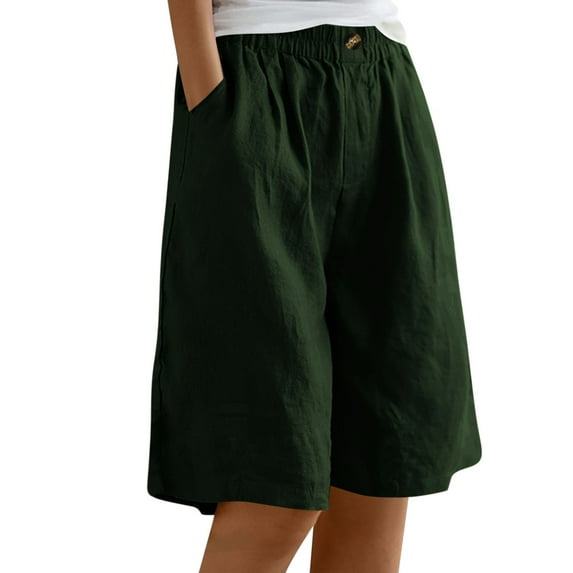 Gyexs Shorts for Women Wide Leg Linen Knee Length Summer Casual Long Shorts Loose High Waisted Short with Pockets Cotton Elastic Breathable Petite Baggy Plus Size Comfy Fit Lightweight Army Green