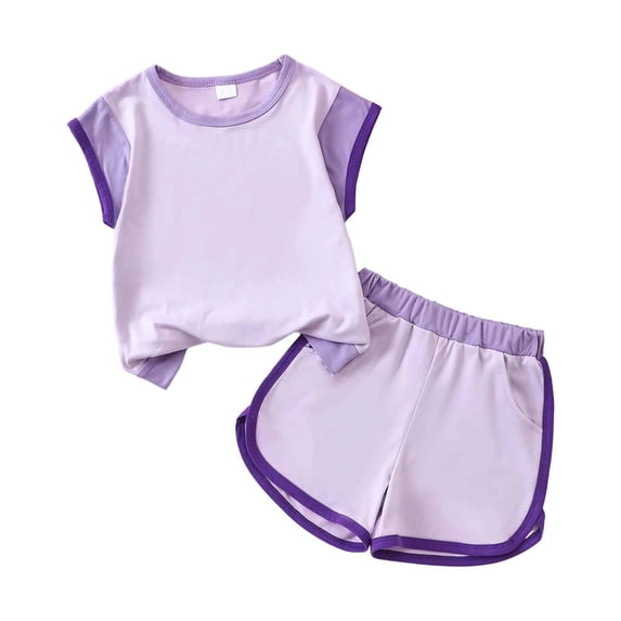 Gyexs Size 7-8 Girls Clothes Patchwork Short Sleeve Tops Elastic Waist Short Sets with Pockets Purple 7-8 Years