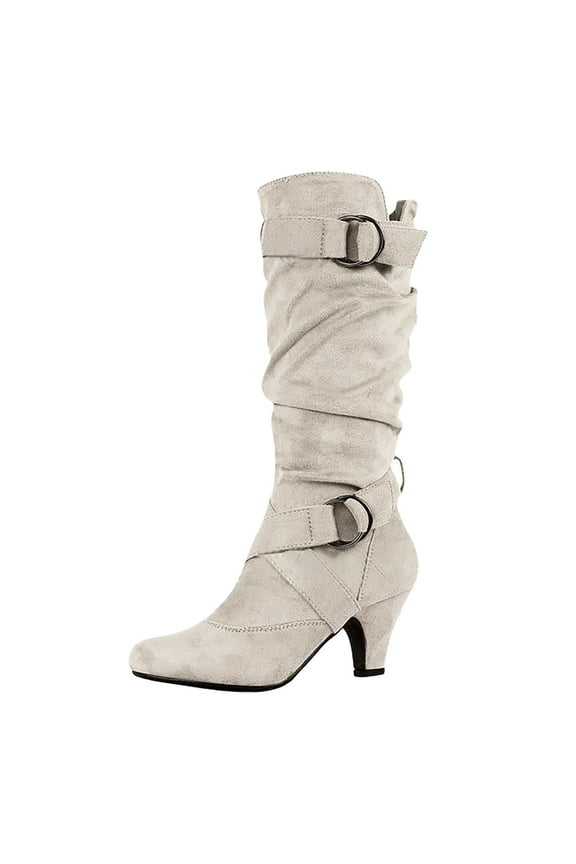 Slouchy Boots for Women Knee High Mid Calf Boots Fashion Block Heel Warm Winter Boots Beige Size 7