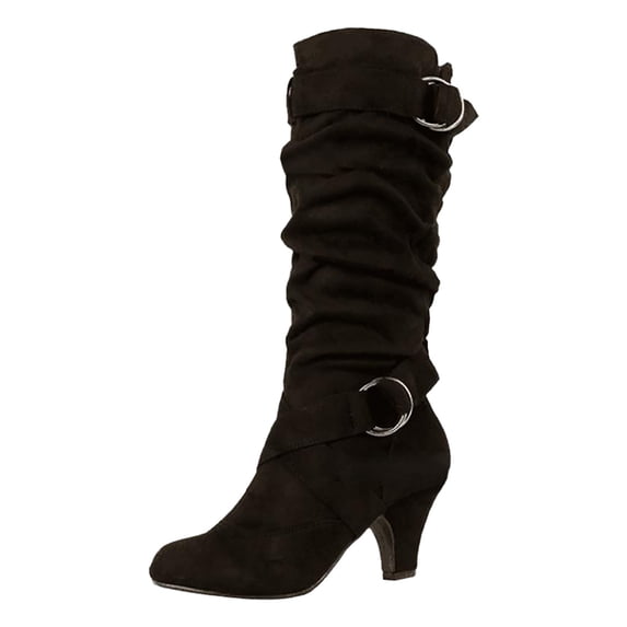 Gyexs Slouchy Boots for Women Knee High Mid Calf Boots Fashion Block Heel Warm Winter Boots Black Size 9