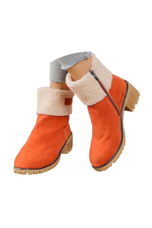 Snow Boots for Men Womens Winter Shoes Suede Retro Heel Mid Calf Boots Side Zipper Booties Z03 Orange Size 8.5