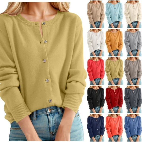 Gyexs Solid Color Women KnitwearTops Gentel Style Long Sleeve Crewneck Singel Breasted Knitted Outwears Fall Sweater (Red, Size M)