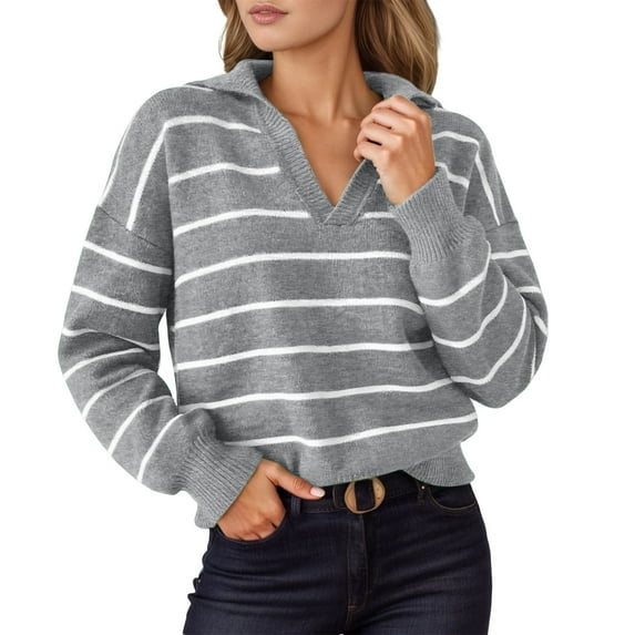 Gyexs Striped Shirts for Women Long Sleeve Quarter Zip Fall Winter Casual Oversized Pullover Ribbed Quilted V Neck Collared Outfits Z02 Grey & Size L