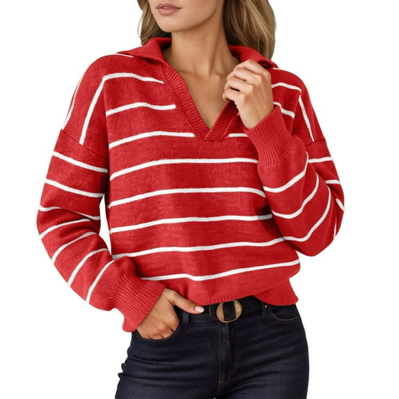 Gyexs Striped Shirts for Women Long Sleeve Quarter Zip Fall Winter Casual Oversized Pullover Ribbed Quilted V Neck Collared Outfits Z02 Red & Size XL