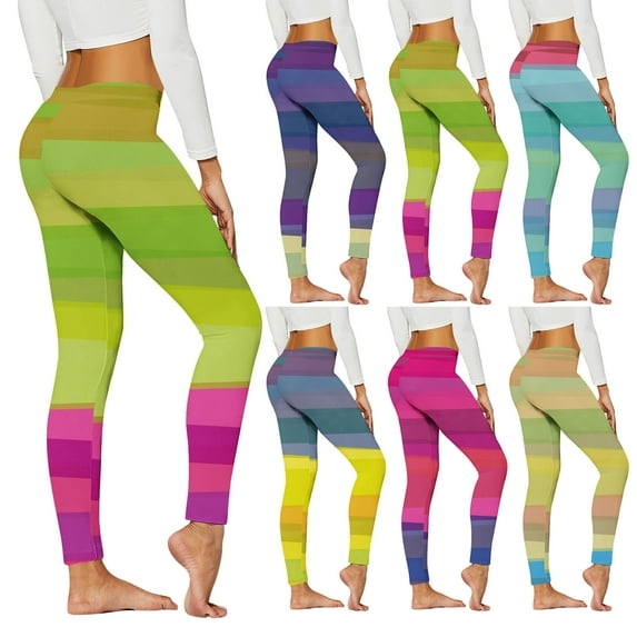 Gyexs Striped Tights for Women - Green and White / Pink and Purple / Yellow and Blue, Rainbow Print Leggings Yellow & Size S