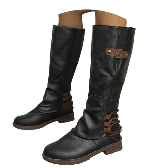 Gyexs Suede Boots for Women Low Heel Mid Calf Slouchy Slip On Casual Boots Fashion Side Zipper Round Toe Fall Winter Boots Z01 Black Size 5.5