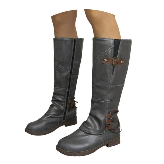 Gyexs Suede Boots for Women Low Heel Mid Calf Slouchy Slip On Casual Boots Fashion Side Zipper Round Toe Fall Winter Boots Z01 Grey Size 5.5