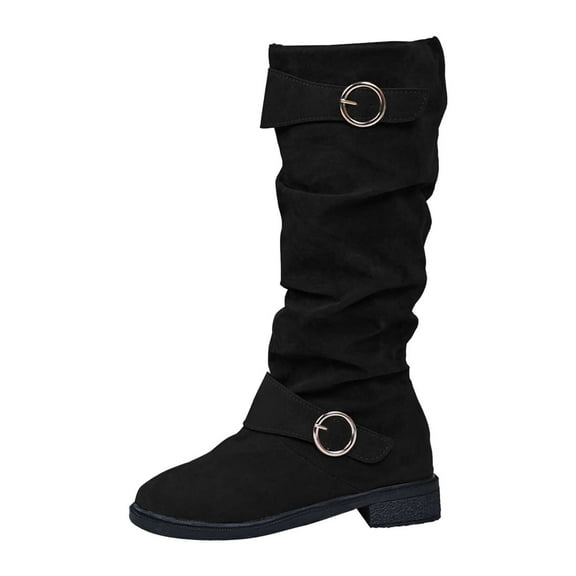 Gyexs Suede Boots for Women Low Heel Mid Calf Slouchy Slip On Casual Boots Fashion Side Zipper Round Toe Fall Winter Boots Z02 Black Size 8