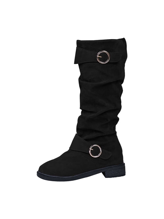 Suede Boots for Women Low Heel Mid Calf Slouchy Slip On Casual Boots Fashion Side Zipper Round Toe Fall Winter Boots Z02 Black Size 9