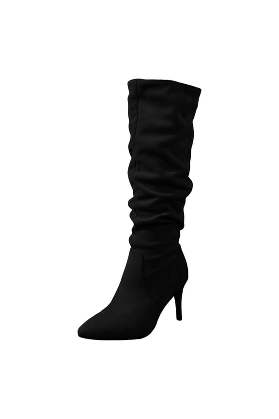 Suede Slouchy Boots for Women Knee High Wide Calf Long Stiletto Boots Kitten Heel Pointed Toe Pull on Booties Winter Shoes Black & Size 9