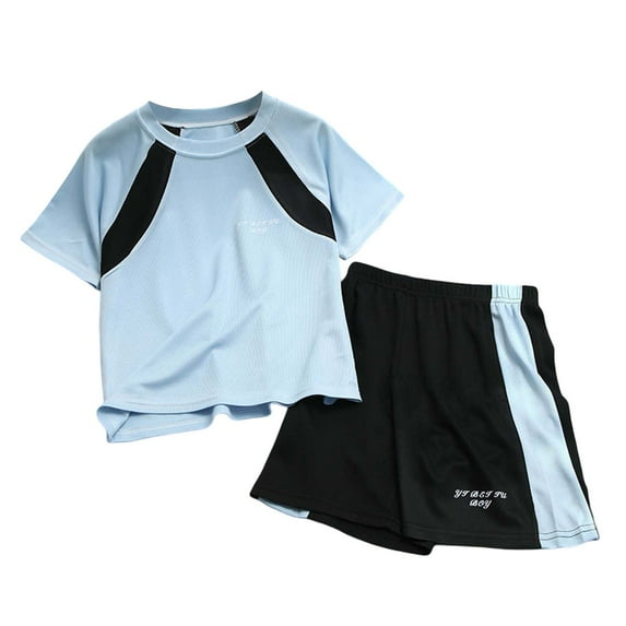 Gyexs Summer Sports Outfits Unisex Short Sleeved Color Block T Shirts and Beeswan Shorts 2 Piece Sets(Sportswear, Z08 Light Blue, 3-4 Years)