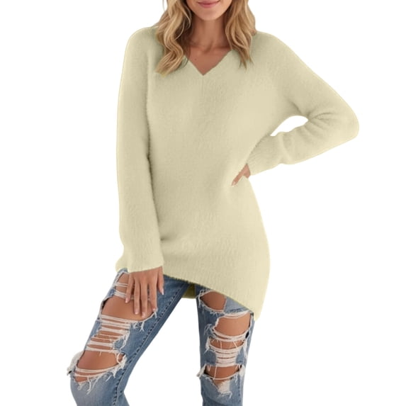Gyexs Sweaters for Women Fashion Casual V Neck Pullover Fuzzy Thermal Long Sleeve Tops Winter Solid Color Plus Size Sweater A01 Beige & Size XXXL