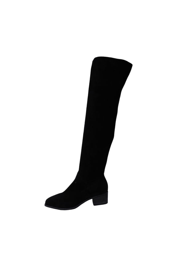 Thigh High Boots for Women Wide Calf Chunky Low Heel Long Boots Pull on Pointed Toe Suede Boots with Side Zipper Black & Size 5.5