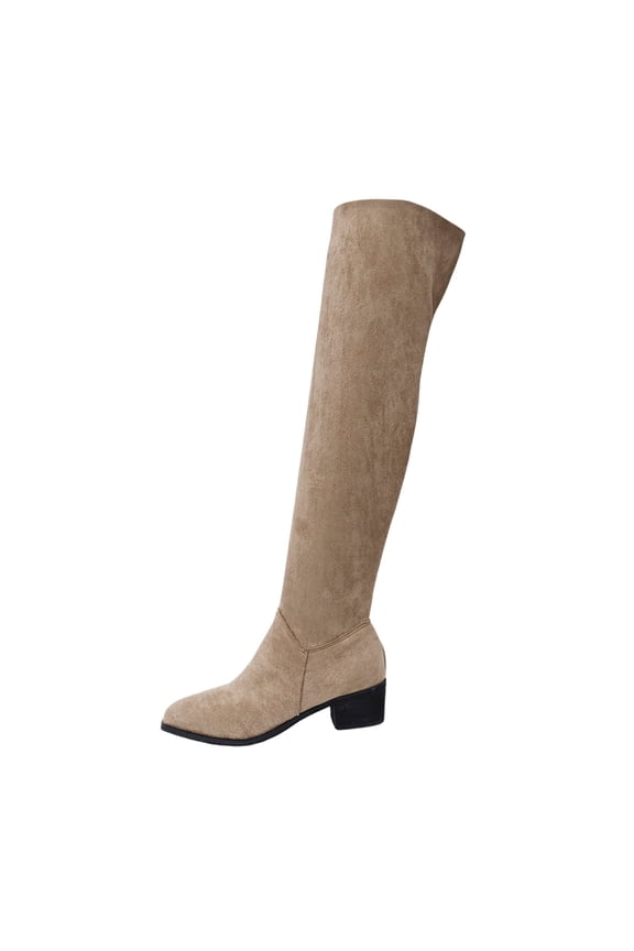 Thigh High Boots for Women Wide Calf Low Heel Long Boots Pull on Pointed Toe Suede Boots with Side Zipper Khaki & Size 5.5
