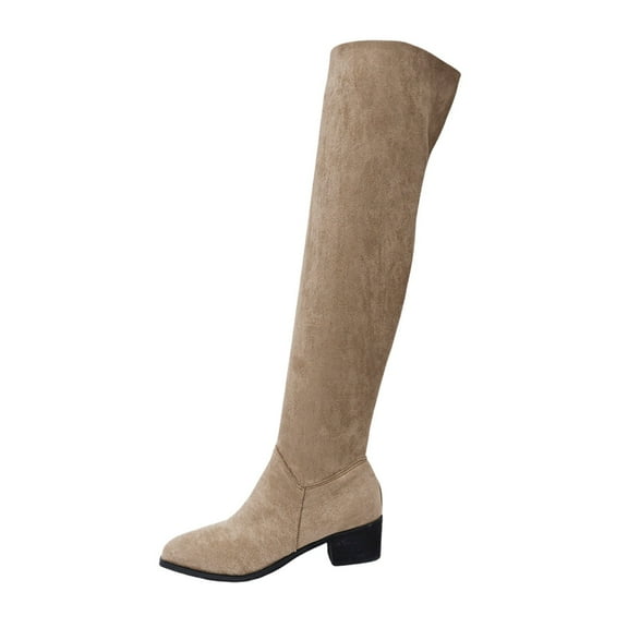 Gyexs Thigh High Boots for Women Wide Calf Chunky Low Heel Long Boots Pull on Pointed Toe Suede Boots with Side Zipper Khaki & Size 7