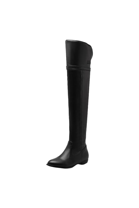 Thigh High Flat Boots for Women Wide Calf Over the Knee Leather Boots Chunky Heel Slouchy Slip On Long Boots Black Size 9